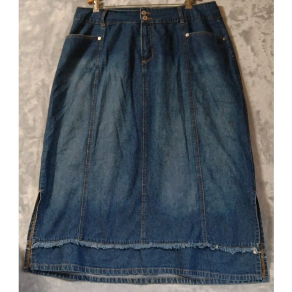 Vtg Me And You Denim Skirt Blue 3XL Modest Midi‎ Cotton Y2K Raw Trim Side Slit